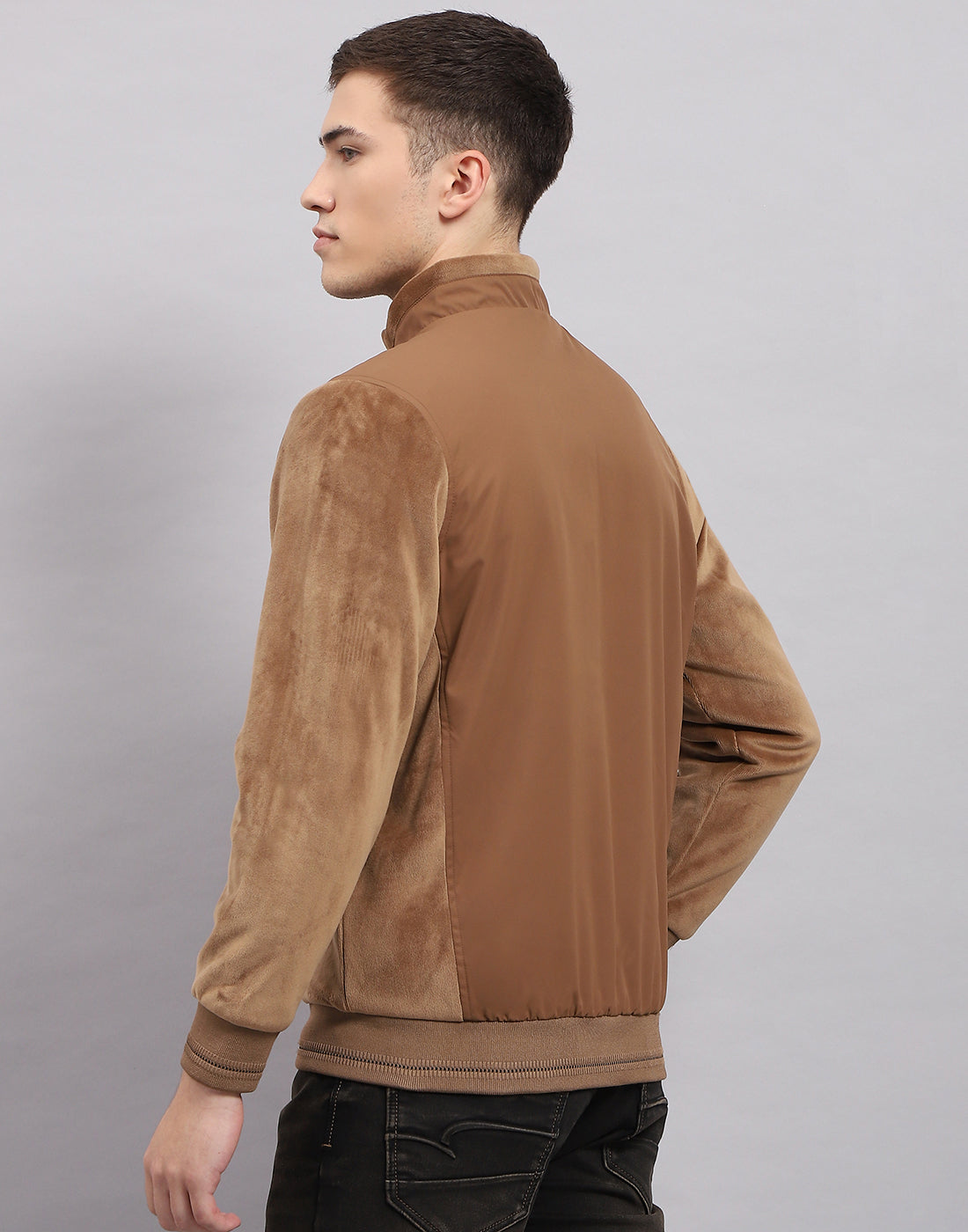 Men Khaki Solid Mock Neck Full Sleeve Jacket