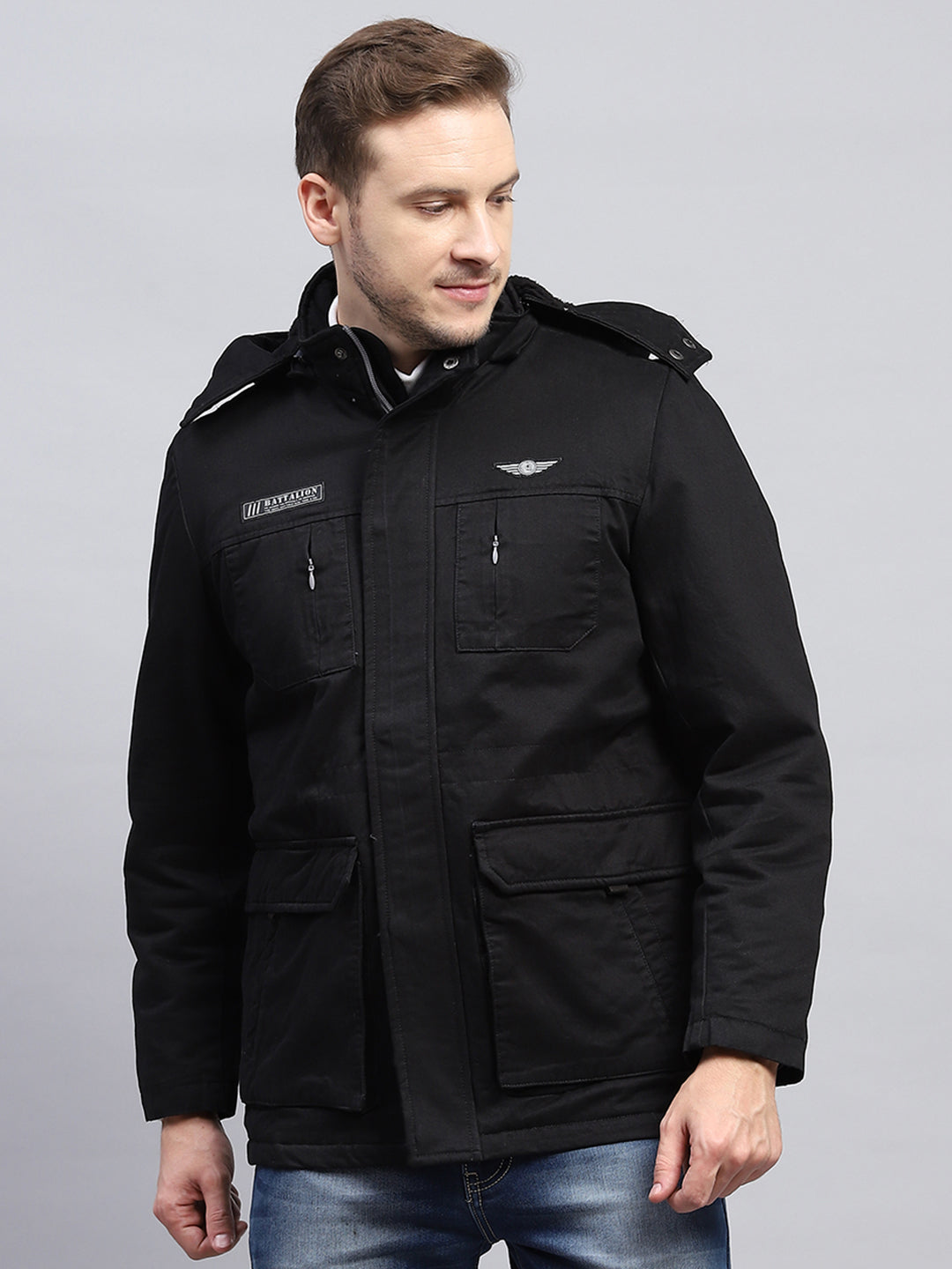 Men Black Solid Detachable Hood Full Sleeve Jacket