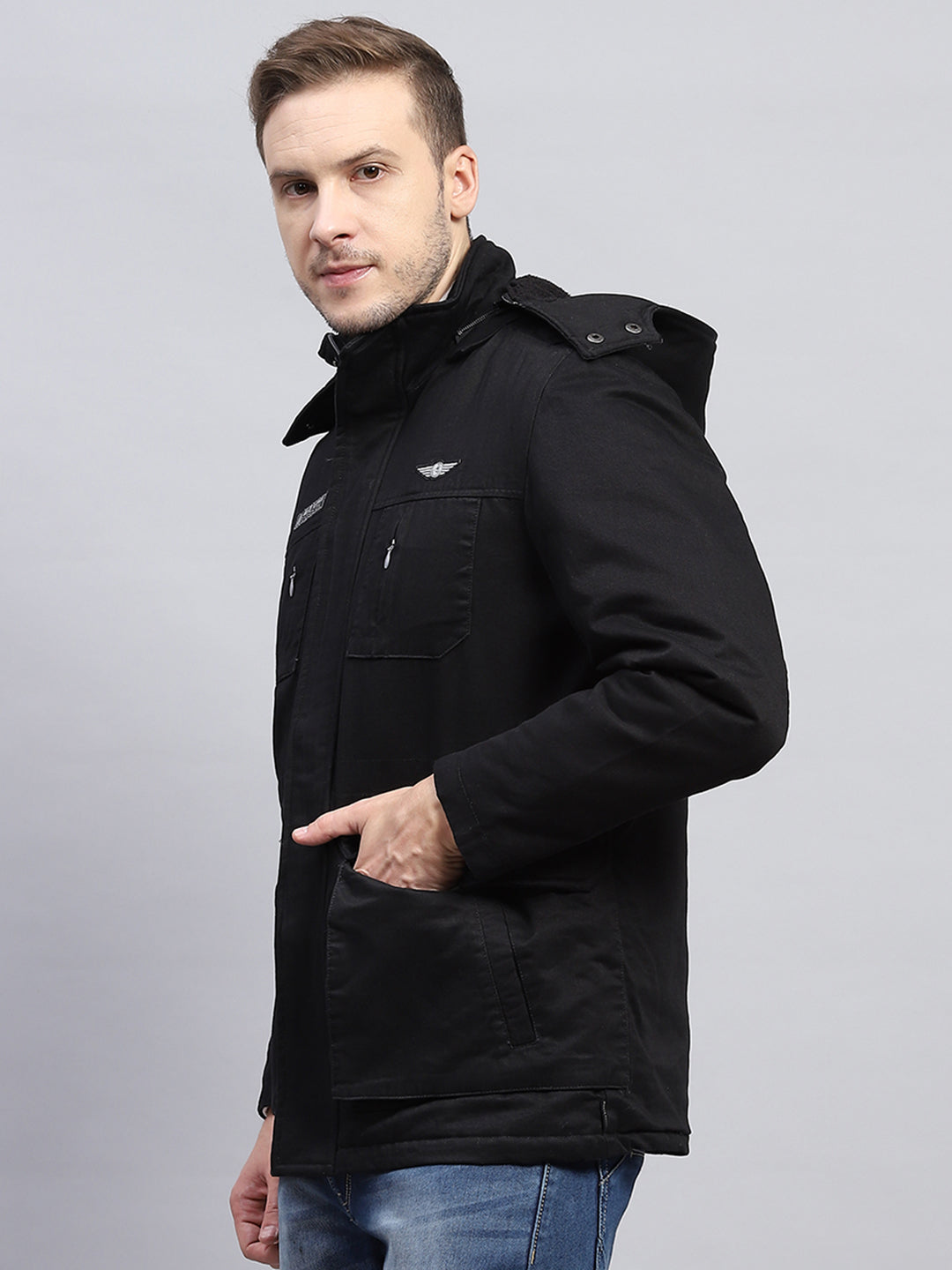 Men Black Solid Detachable Hood Full Sleeve Jacket