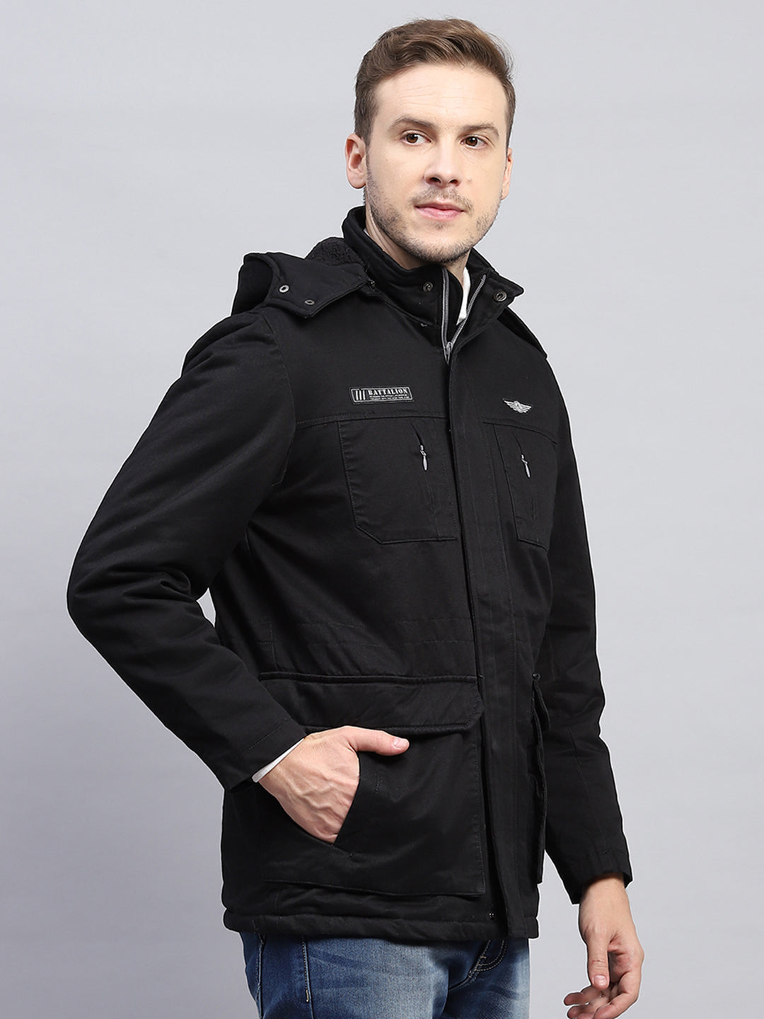 Men Black Solid Detachable Hood Full Sleeve Jacket