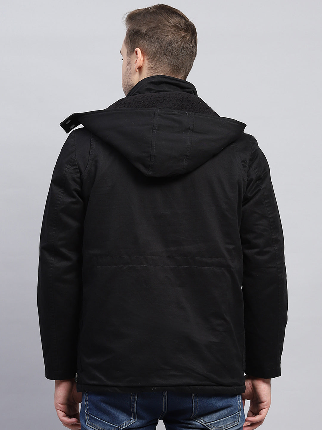 Men Black Solid Detachable Hood Full Sleeve Jacket