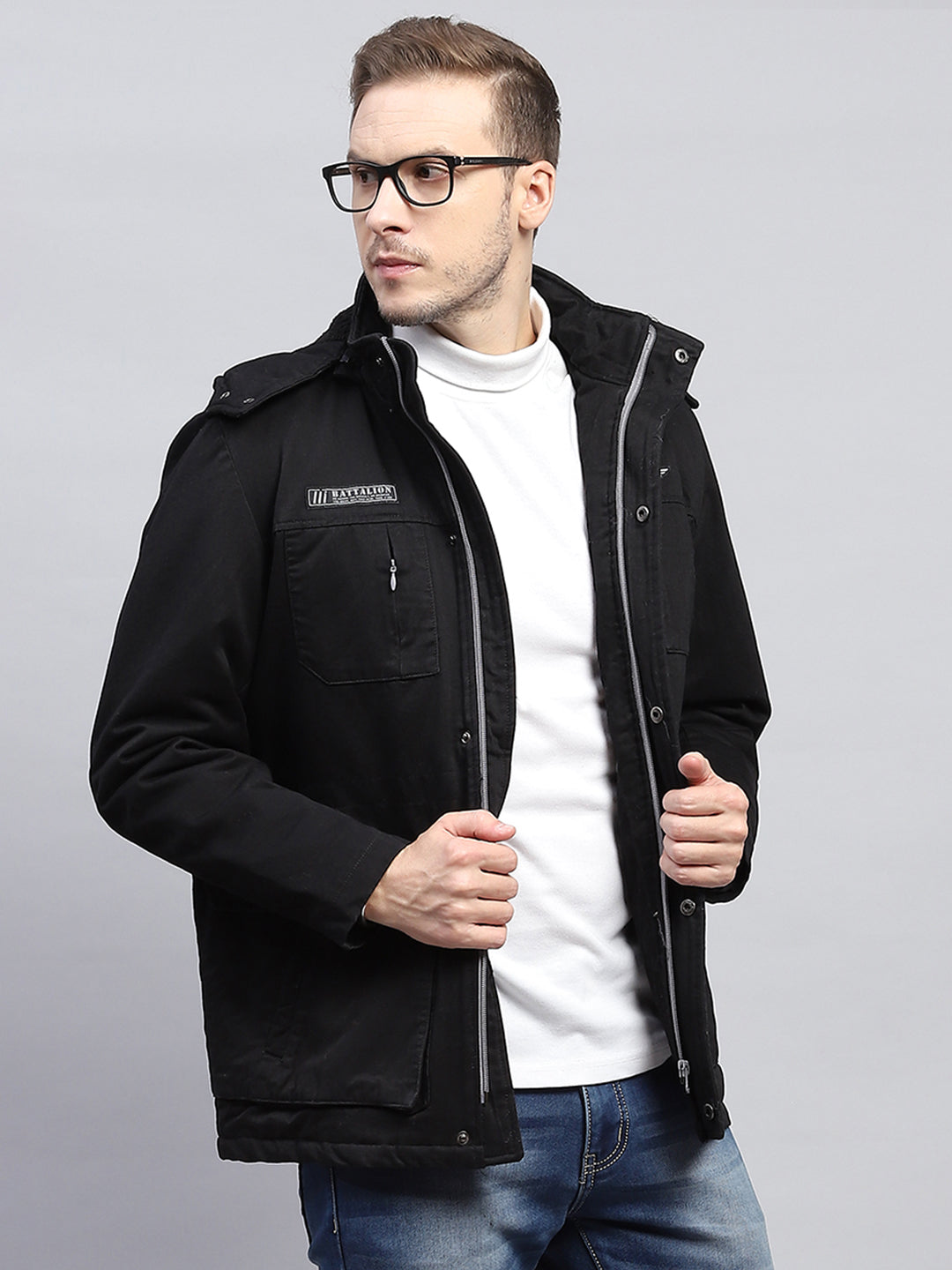 Men Black Solid Detachable Hood Full Sleeve Jacket