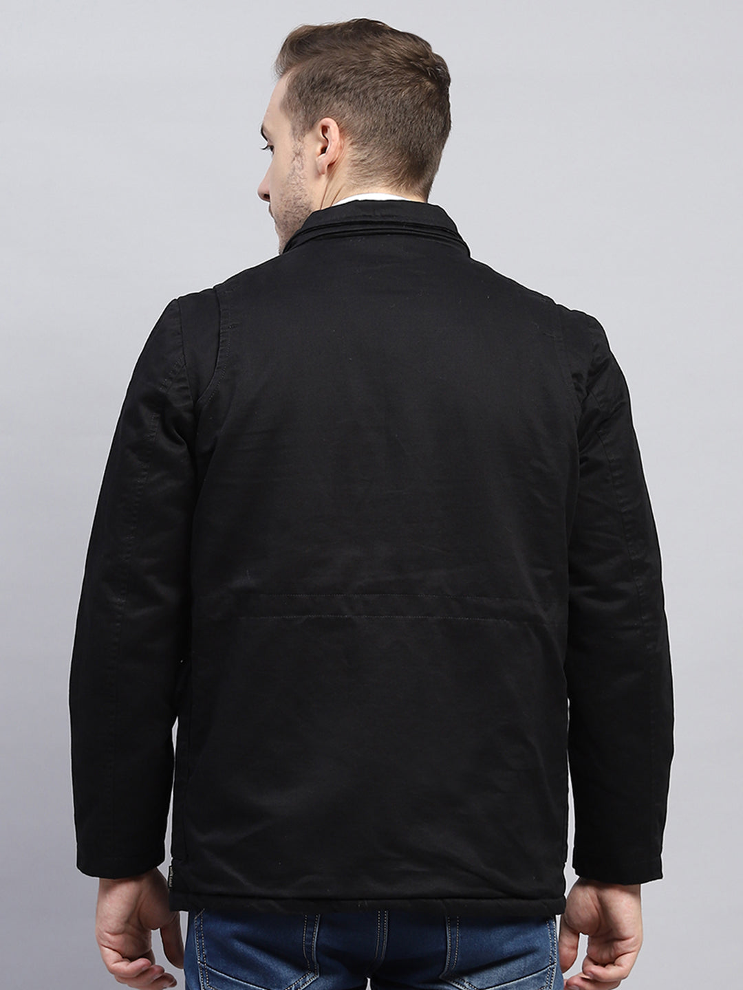 Men Black Solid Detachable Hood Full Sleeve Jacket