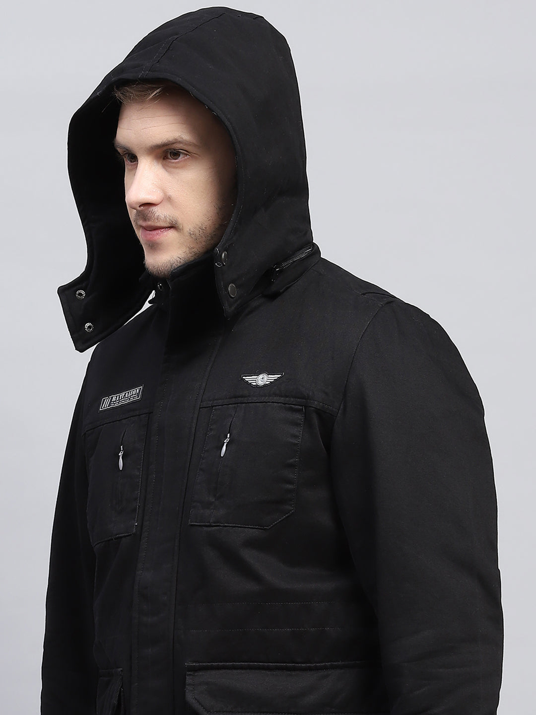 Men Black Solid Detachable Hood Full Sleeve Jacket