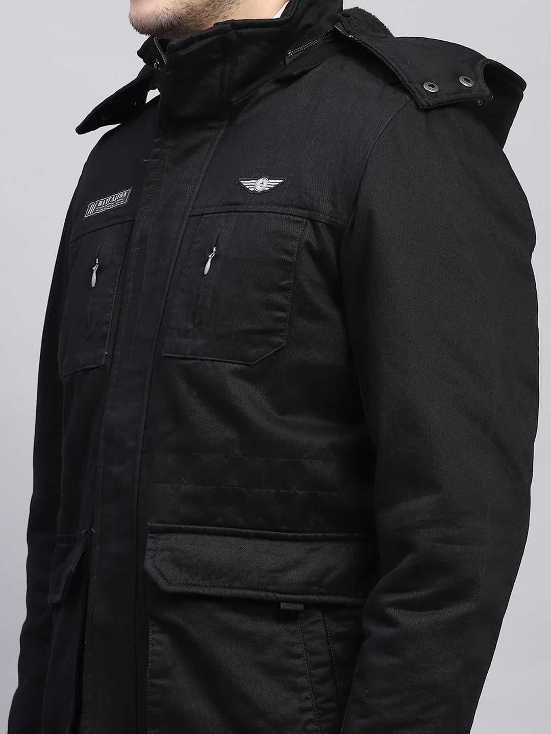 Men Black Solid Detachable Hood Full Sleeve Jacket