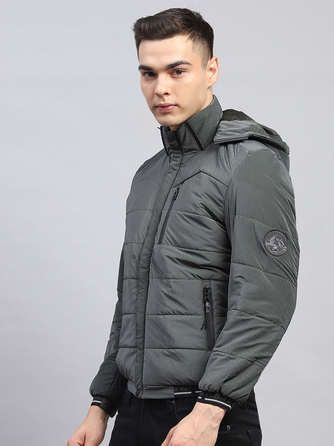 Men Olive Self Design Detachable Hood Full Sleeve Jacket