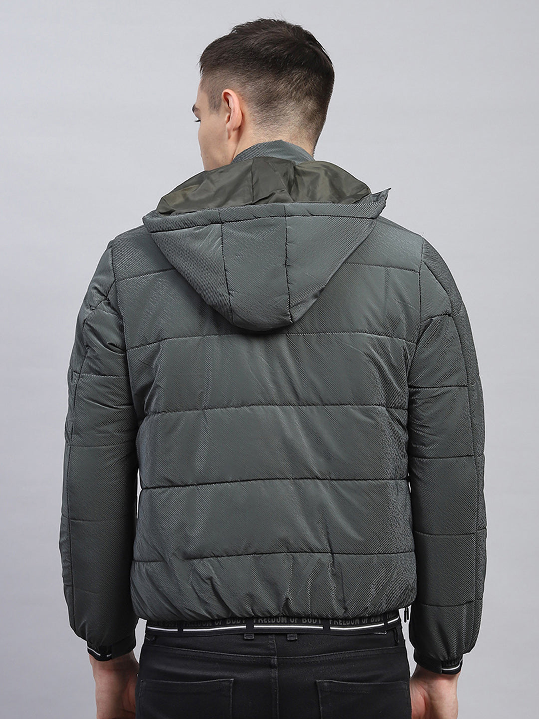 Men Olive Self Design Detachable Hood Full Sleeve Jacket