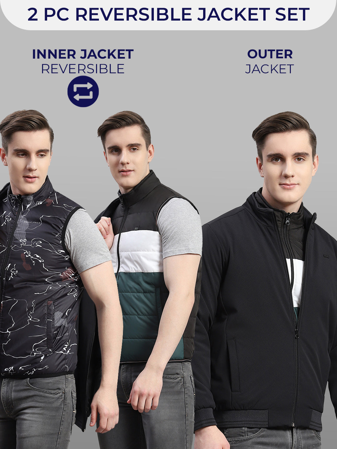 Men Black Solid Stand Collar Full Sleeve Reversible Jacket - 2 Pc set