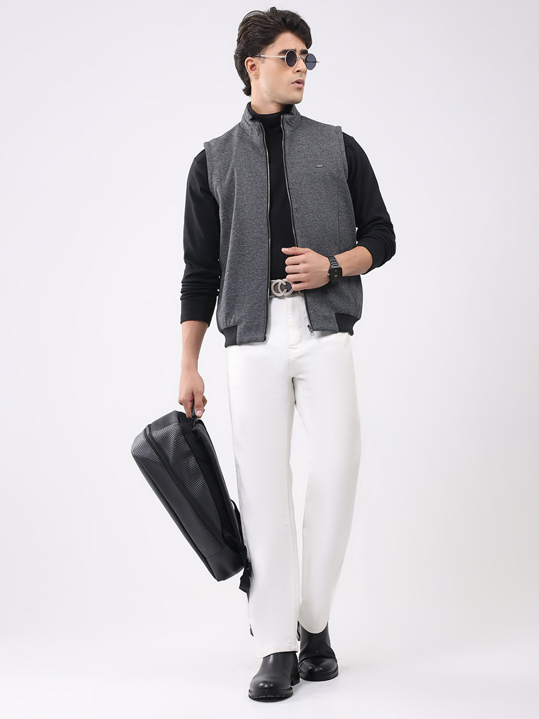 Men Grey Solid Mock Neck Sleeveless Coat