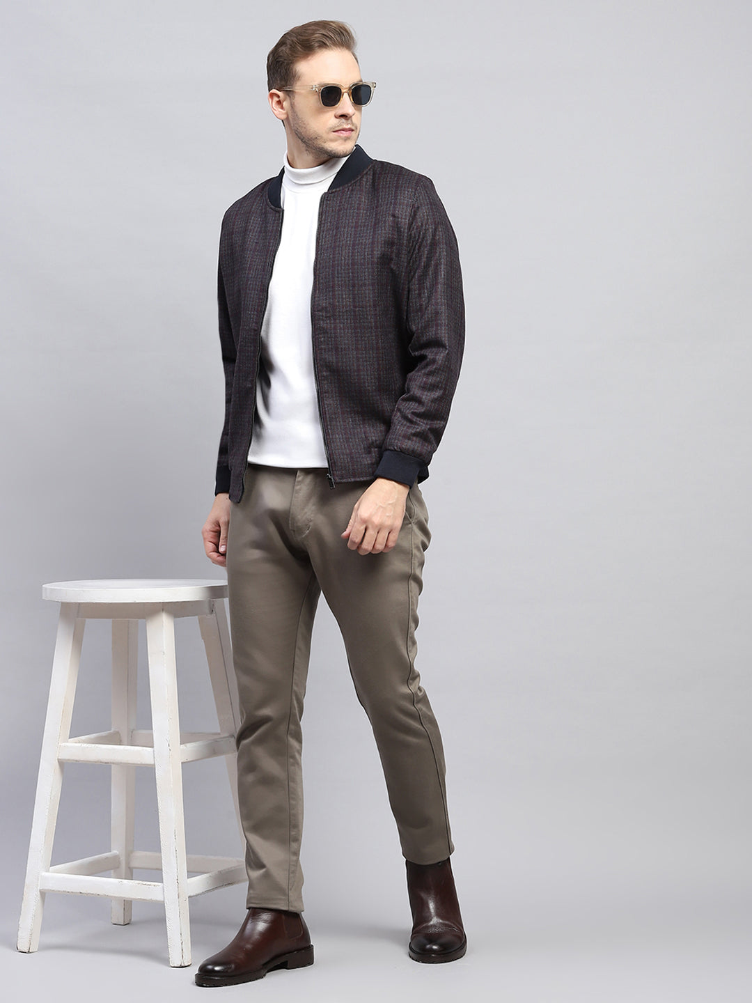 Men Maroon Check Round Neck Full Sleeve Coat