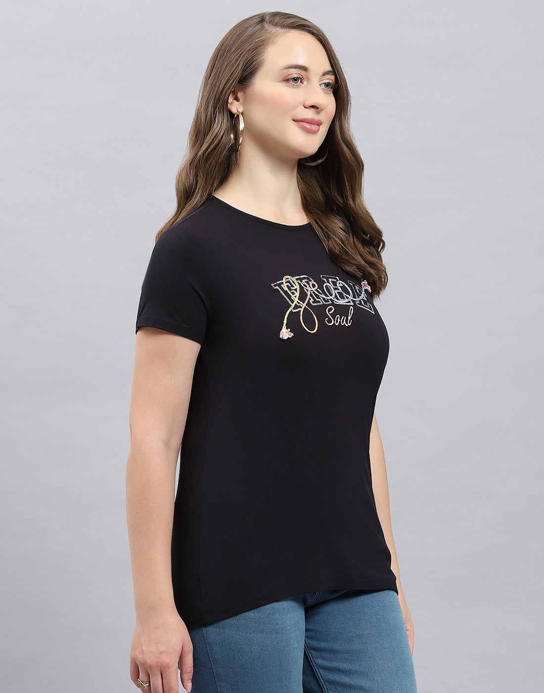 Women Black Solid Round Neck Half Sleeve Top