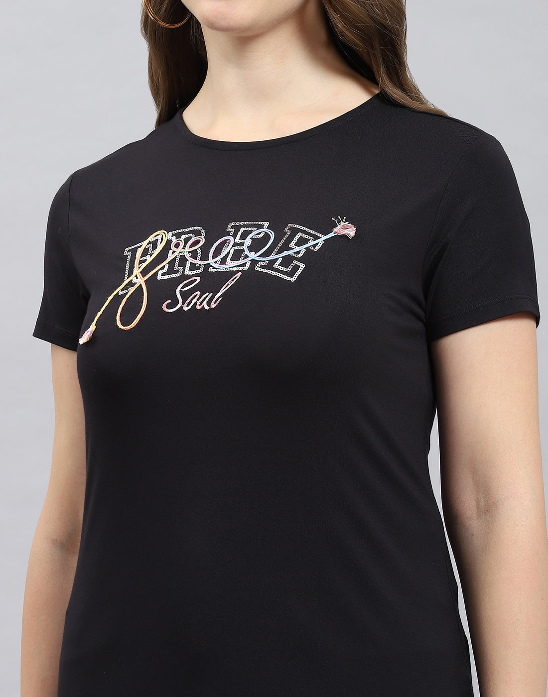 Women Black Solid Round Neck Half Sleeve Top