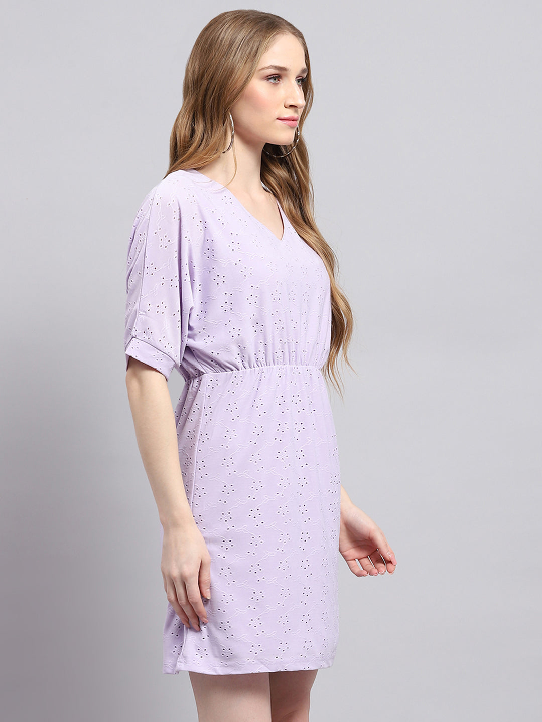 Women Purple Self Design V Neck Half Sleeve Tunic