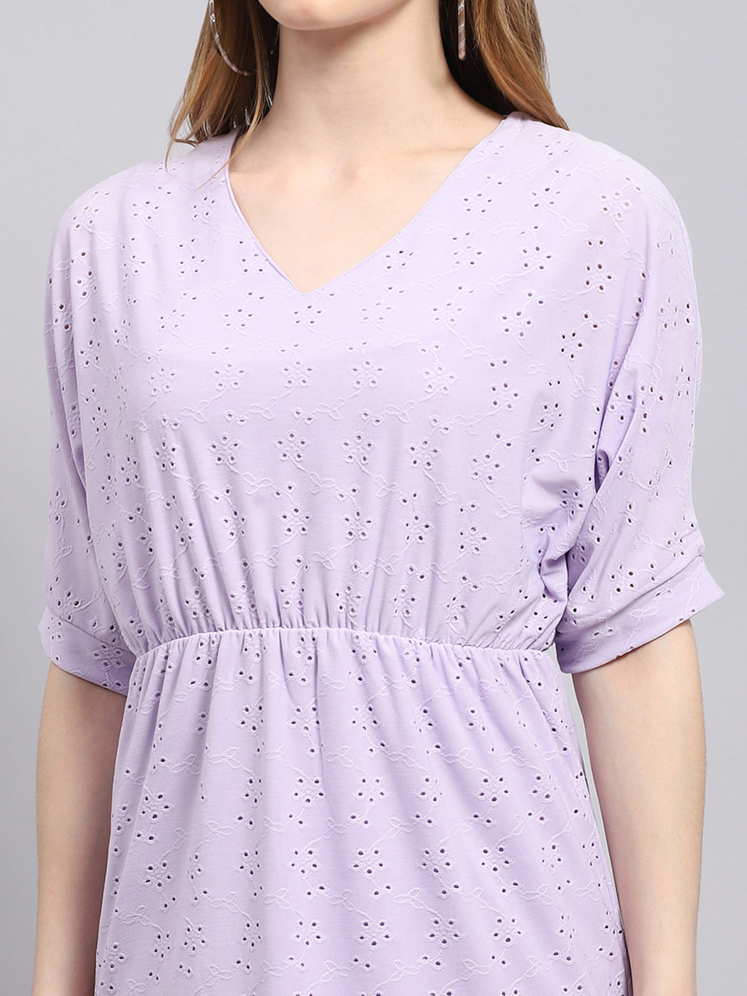 Women Purple Self Design V Neck Half Sleeve Tunic