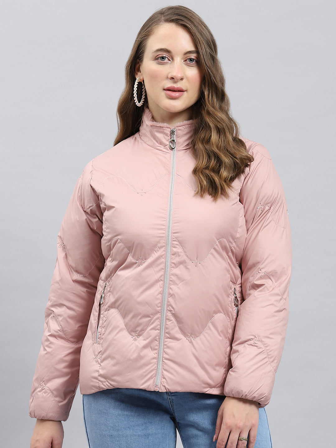 Women Peach Self Design Mock Neck Full Sleeve Jacket