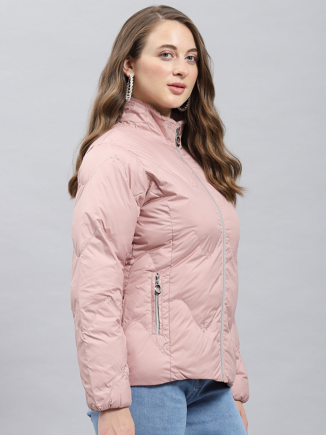 Women Peach Self Design Mock Neck Full Sleeve Jacket