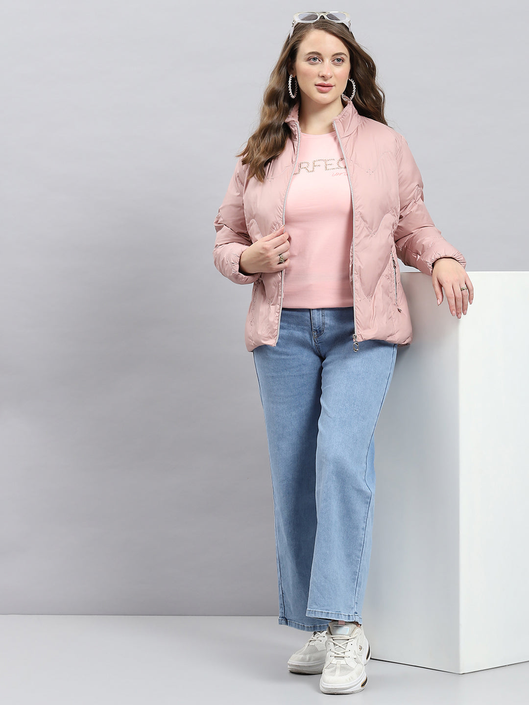 Women Peach Self Design Mock Neck Full Sleeve Jacket