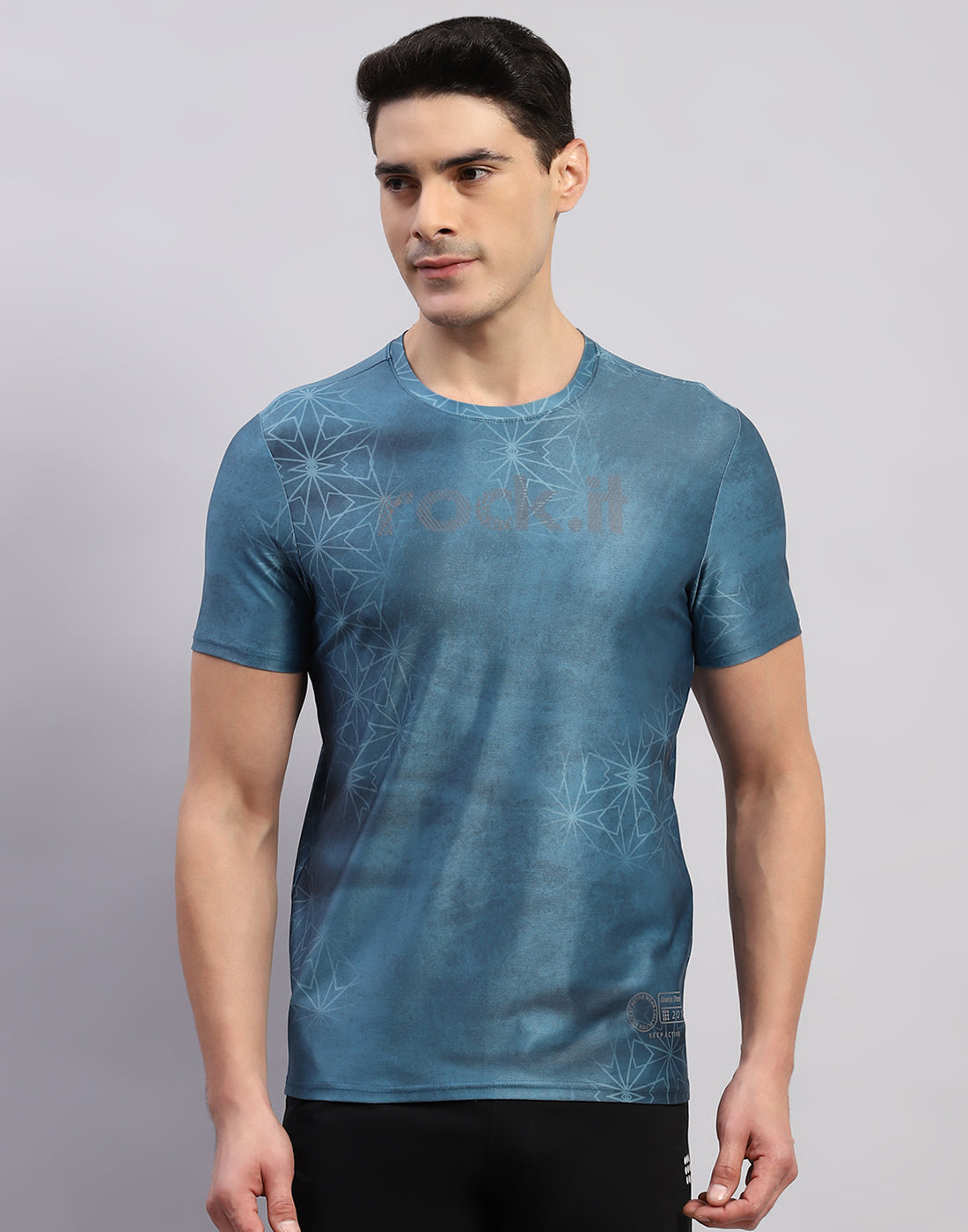Rock.it Men Teal Blue Printed Round Neck Half Sleeve T-Shirt