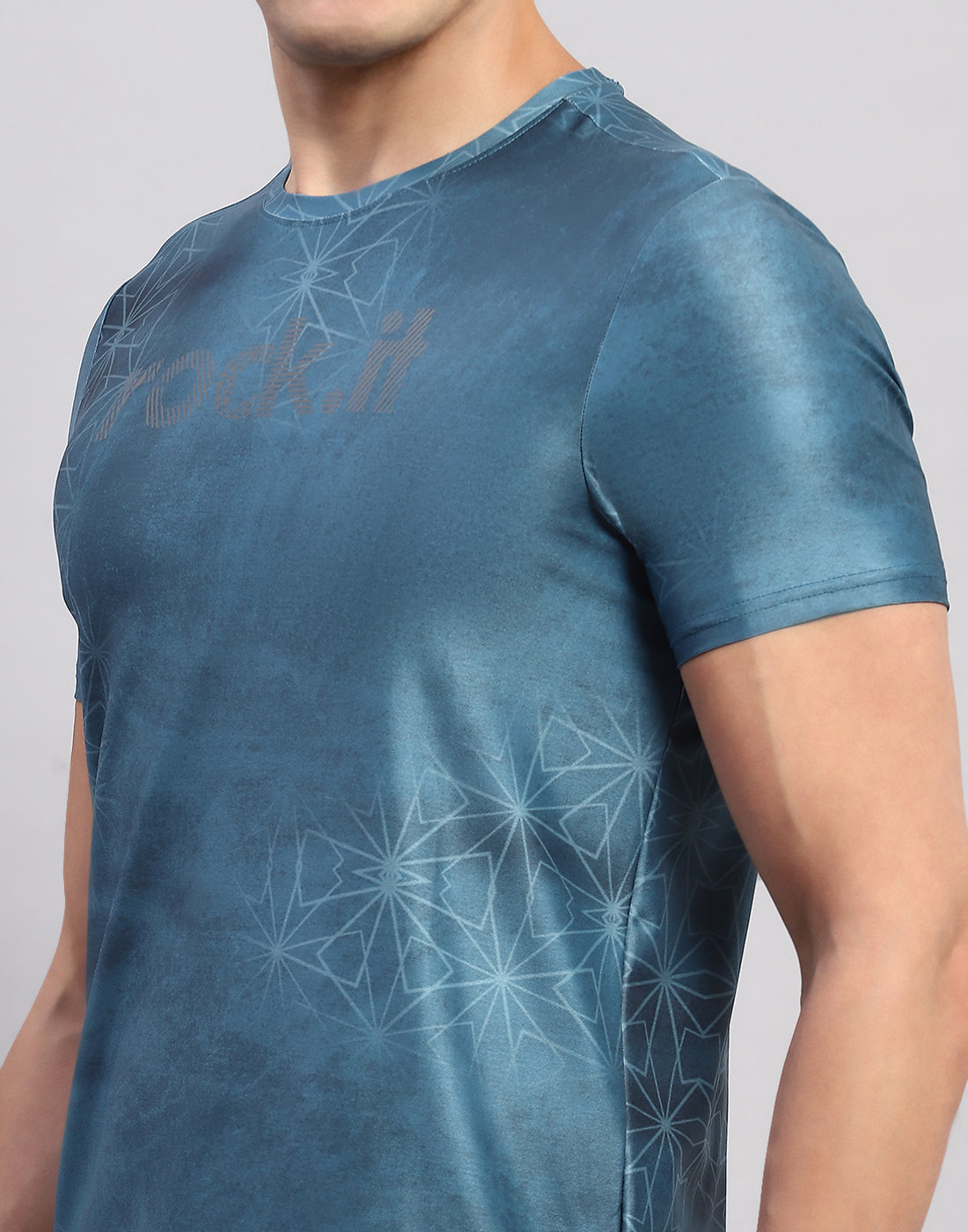 Rock.it Men Teal Blue Printed Round Neck Half Sleeve T-Shirt