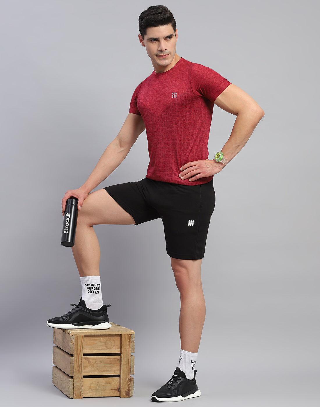 Rock.it Men Maroon Self Design Round Neck Half Sleeve T-Shirt