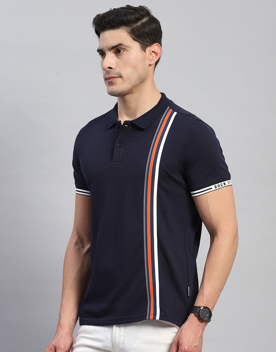 Rock.it Men Navy Blue Stripe Collar Half Sleeve T-Shirt