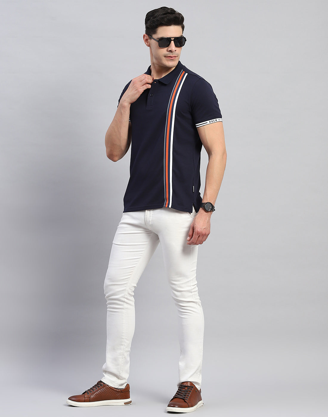 Rock.it Men Navy Blue Stripe Collar Half Sleeve T-Shirt