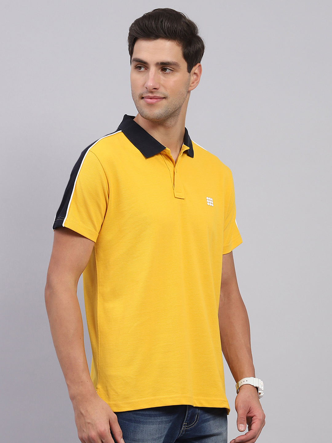 Rock.it Men Mustard Solid Collar Half Sleeve T-Shirt