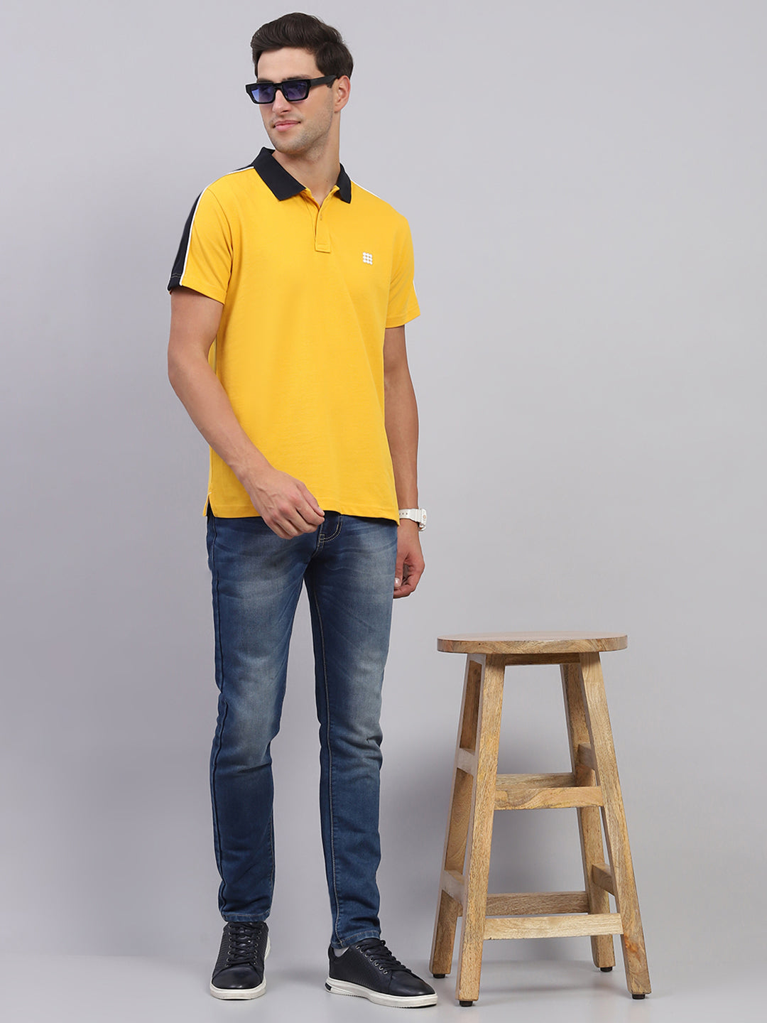Rock.it Men Mustard Solid Collar Half Sleeve T-Shirt