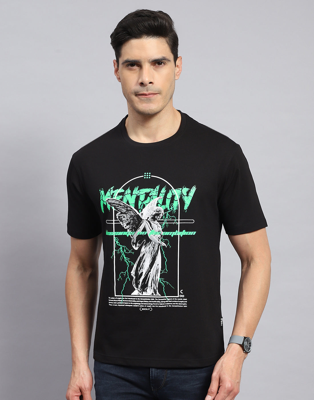 Rock.it Men Black Printed Round Neck Half Sleeve T-Shirt
