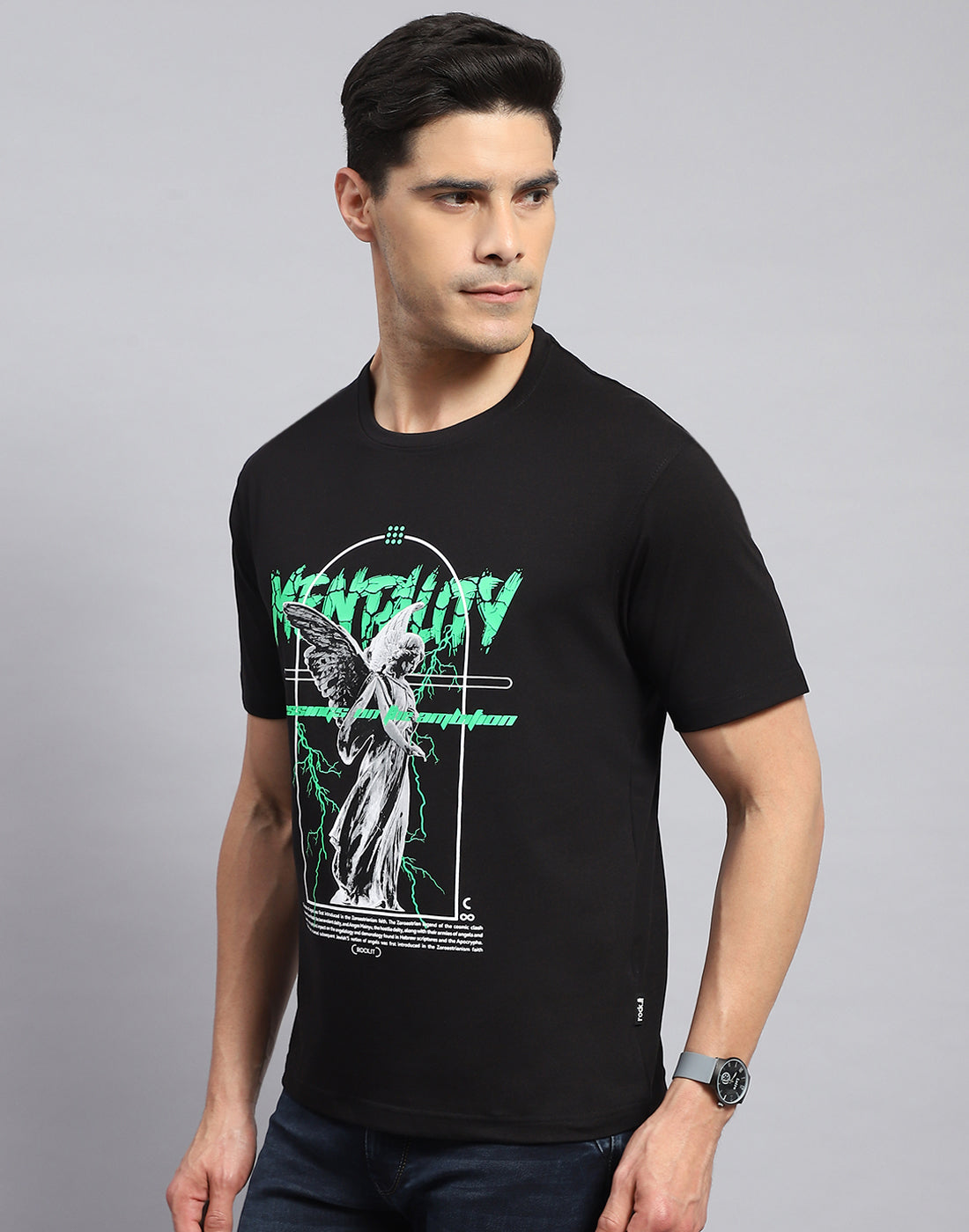 Rock.it Men Black Printed Round Neck Half Sleeve T-Shirt