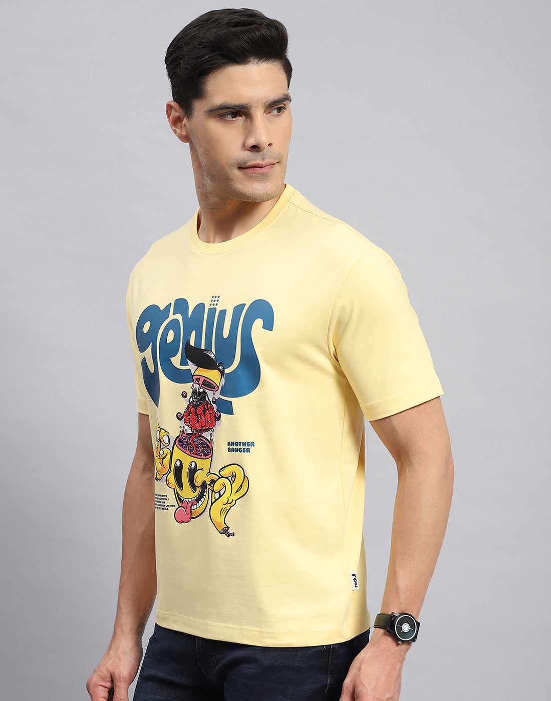 Rock.it Men Yellow Printed Round Neck Half Sleeve T-Shirt