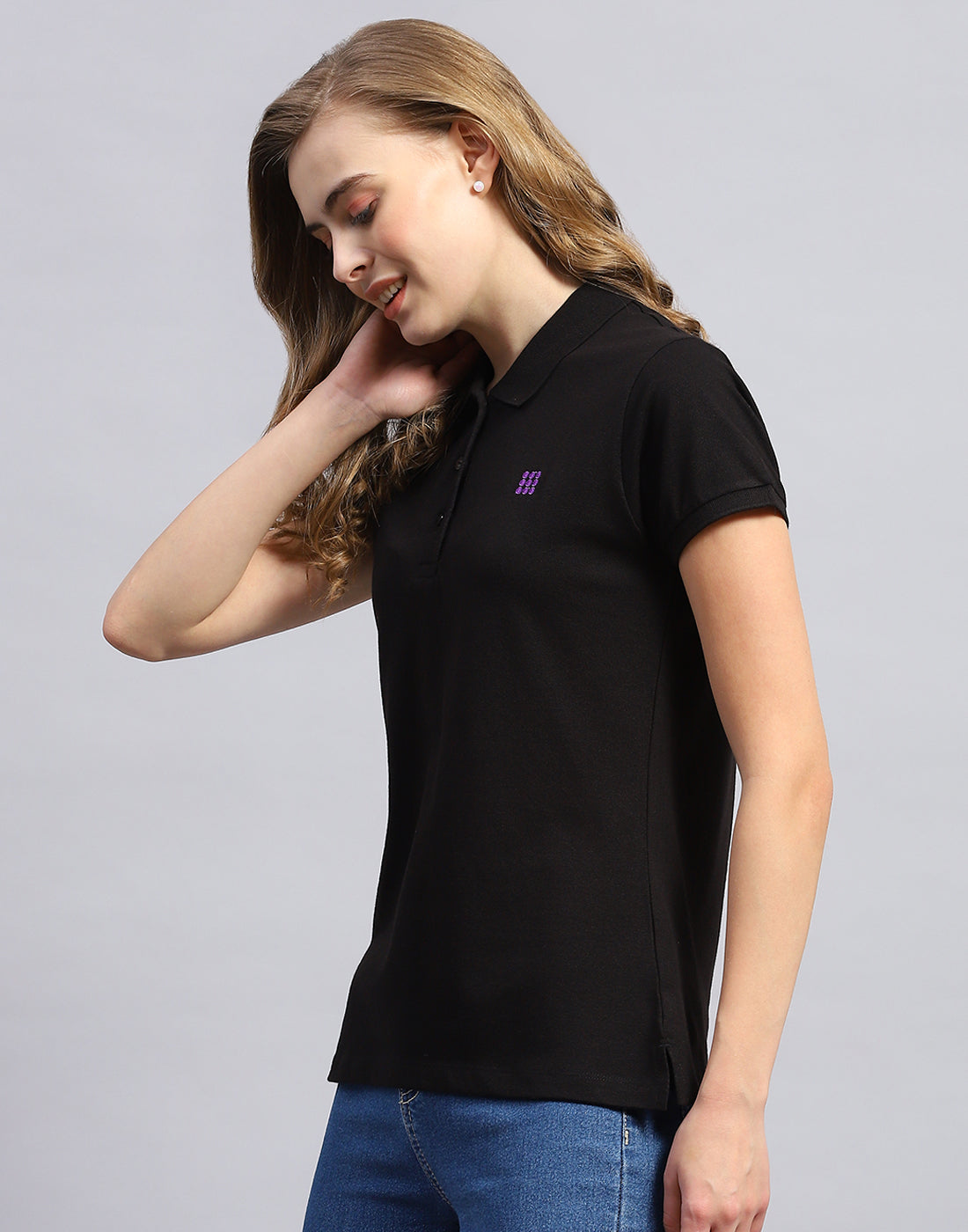 Rock.it Women Black Solid Polo Collar Half Sleeve T-Shirt