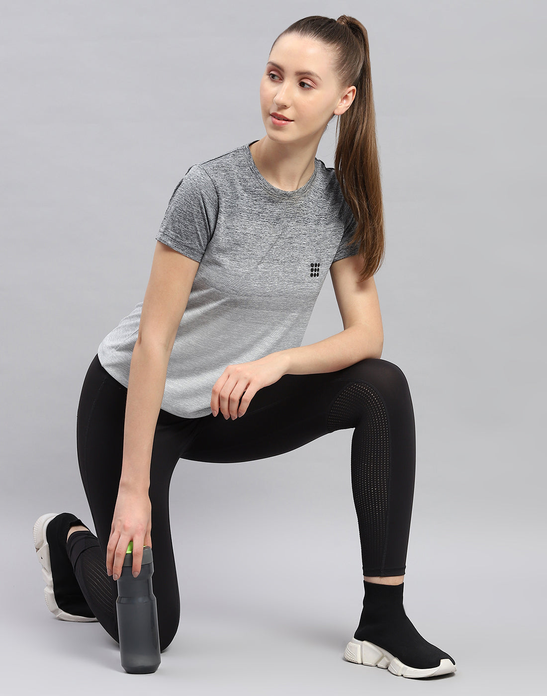 Rock.it Women Grey Stripe Round Neck Half Sleeve Top