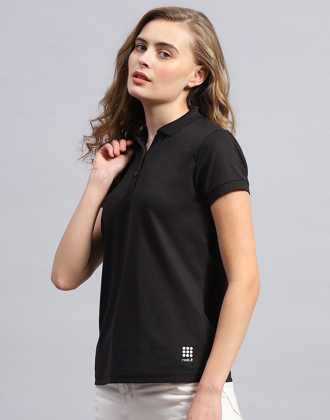 Rock.it Women Black Solid Polo Collar Half Sleeve T-Shirt