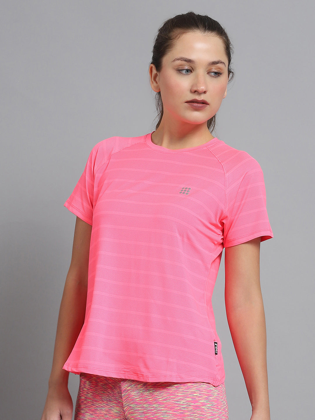 Rock.it Women Pink Self Design Round Neck Half Sleeve Top