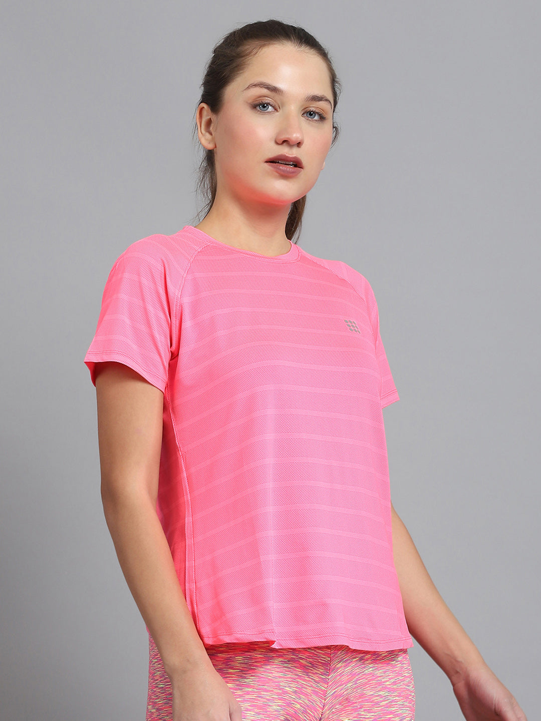 Rock.it Women Pink Self Design Round Neck Half Sleeve Top