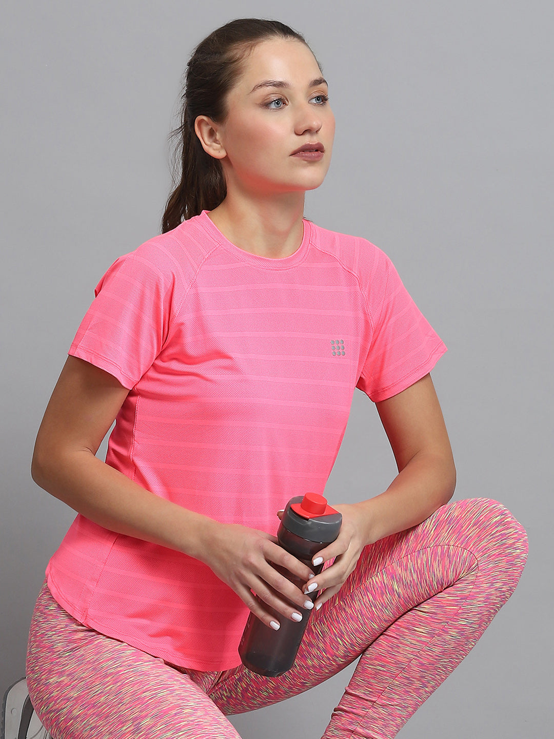 Rock.it Women Pink Self Design Round Neck Half Sleeve Top