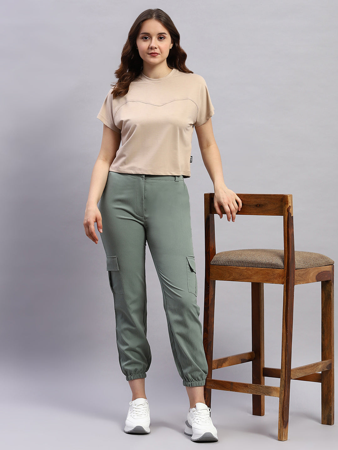 Rock.it Women Beige Solid Round Neck Half Sleeve Top