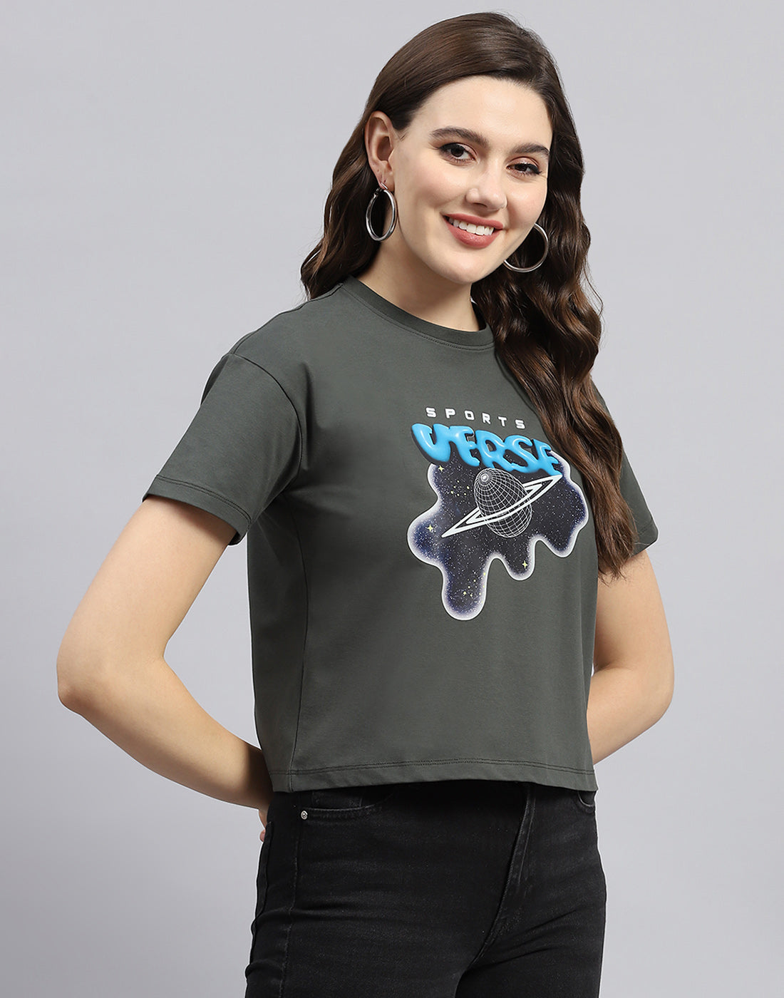 Rock.it Women Grey Printed Round Neck Half Sleeve Top