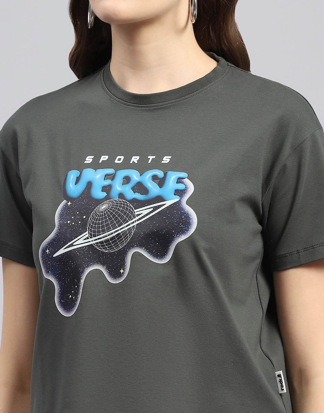 Rock.it Women Grey Printed Round Neck Half Sleeve Top