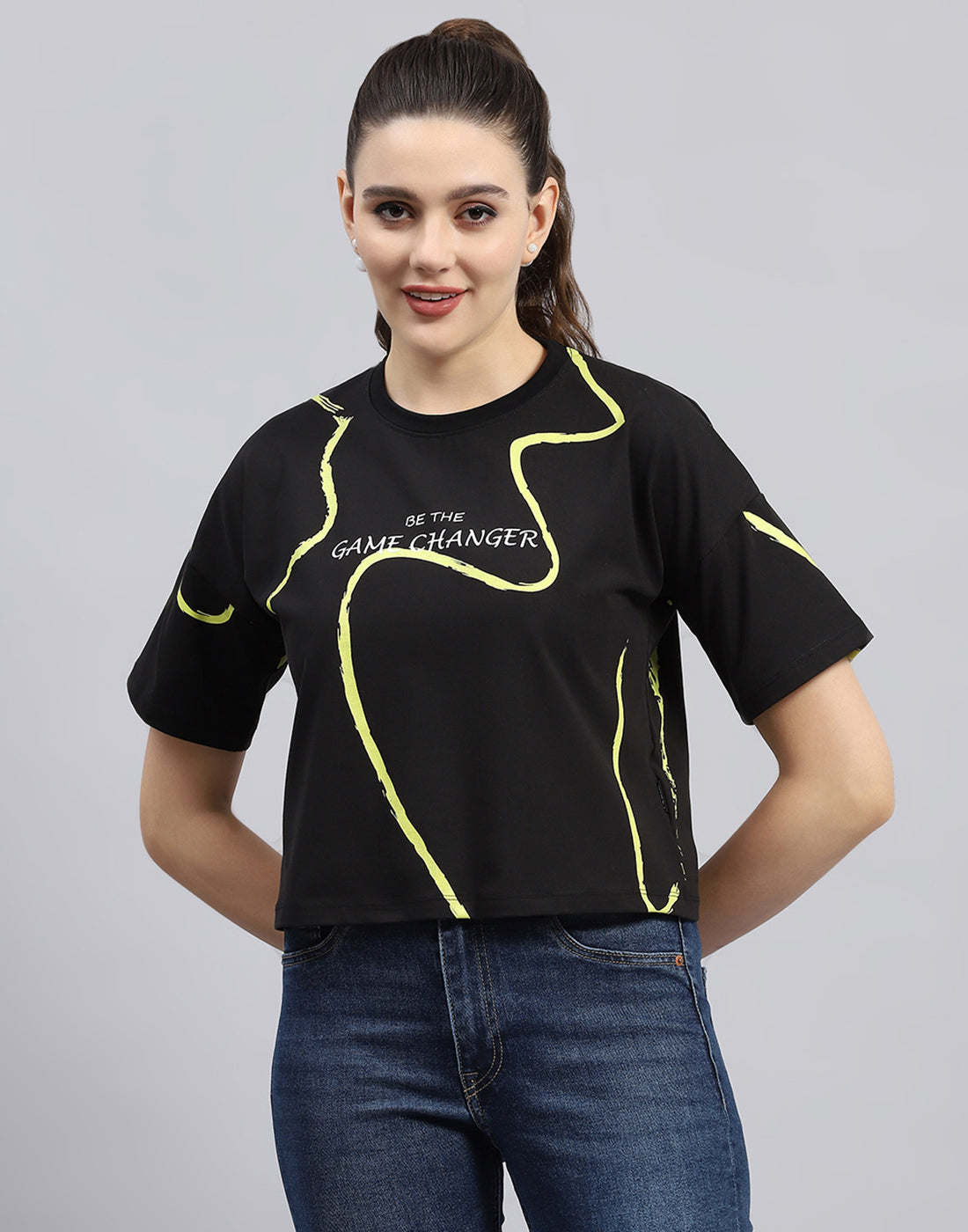 Rock.it Women Black Printed Round Neck Half Sleeve Top