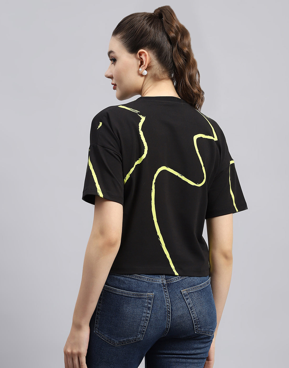 Rock.it Women Black Printed Round Neck Half Sleeve Top