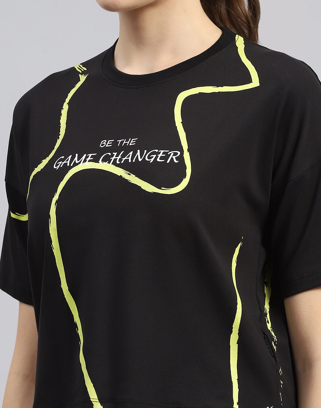 Rock.it Women Black Printed Round Neck Half Sleeve Top