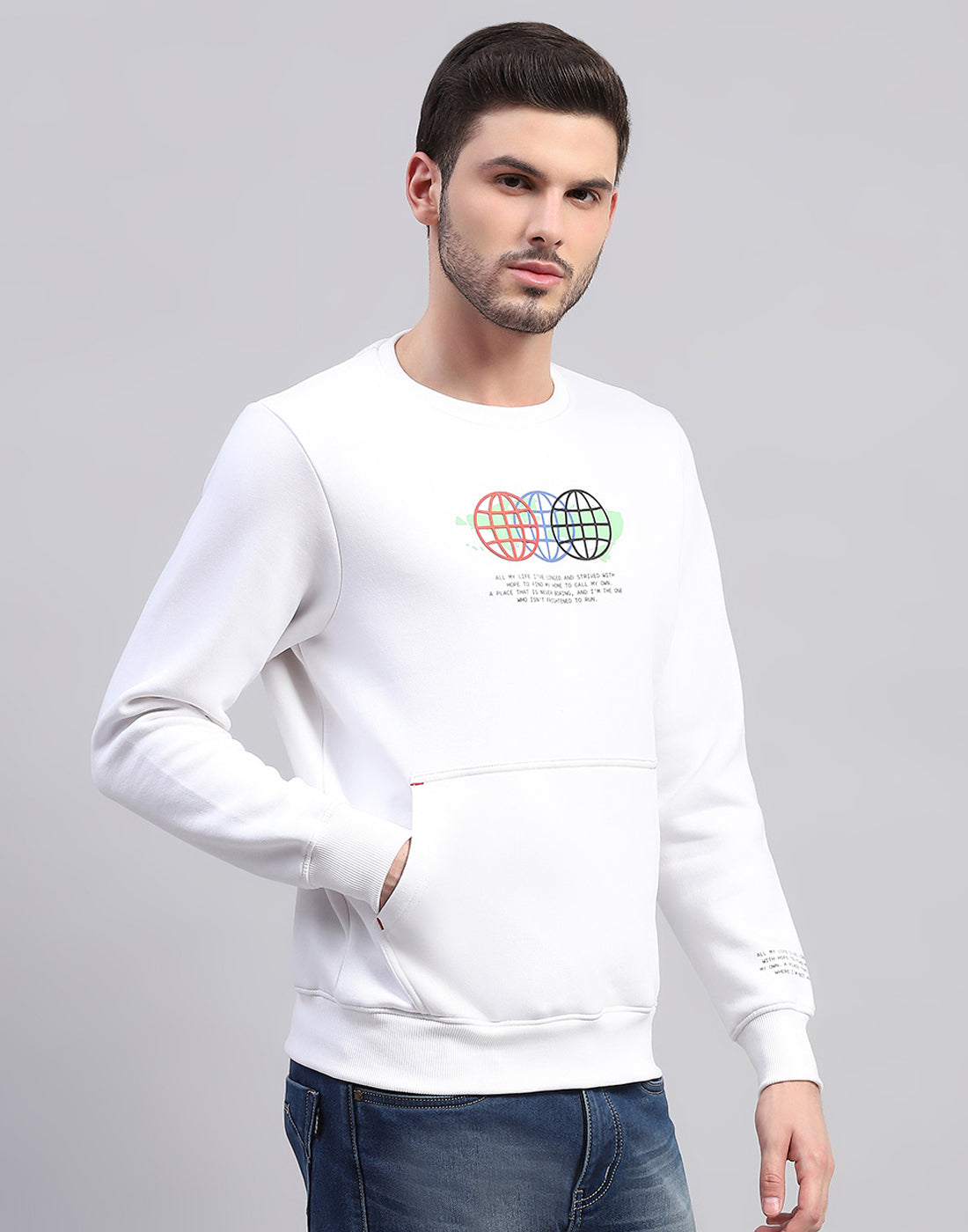 Rock.it Men White Printed Round Neck Full Sleeve Sweatshirt