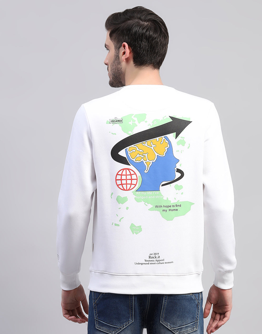 Rock.it Men White Printed Round Neck Full Sleeve Sweatshirt