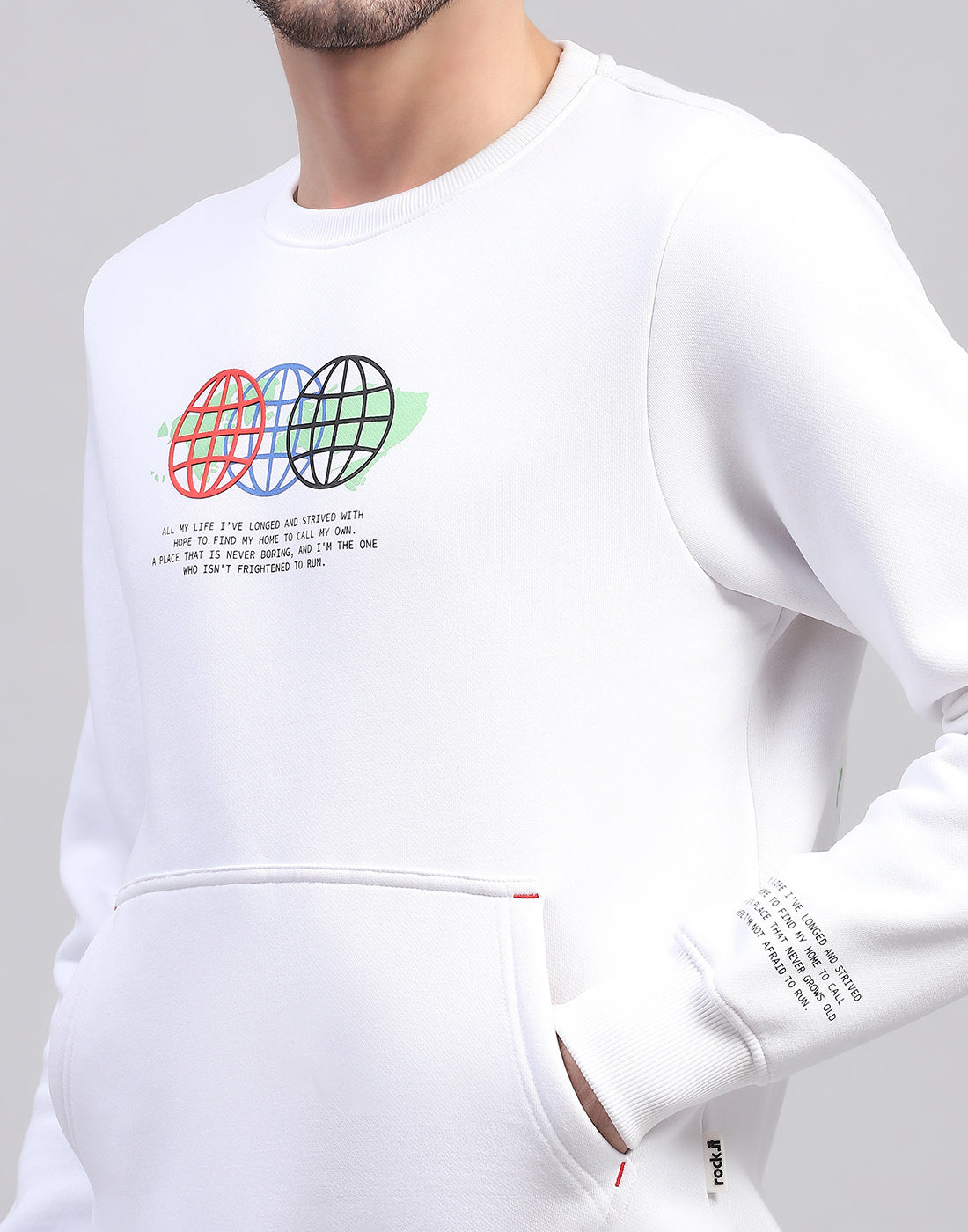 Rock.it Men White Printed Round Neck Full Sleeve Sweatshirt