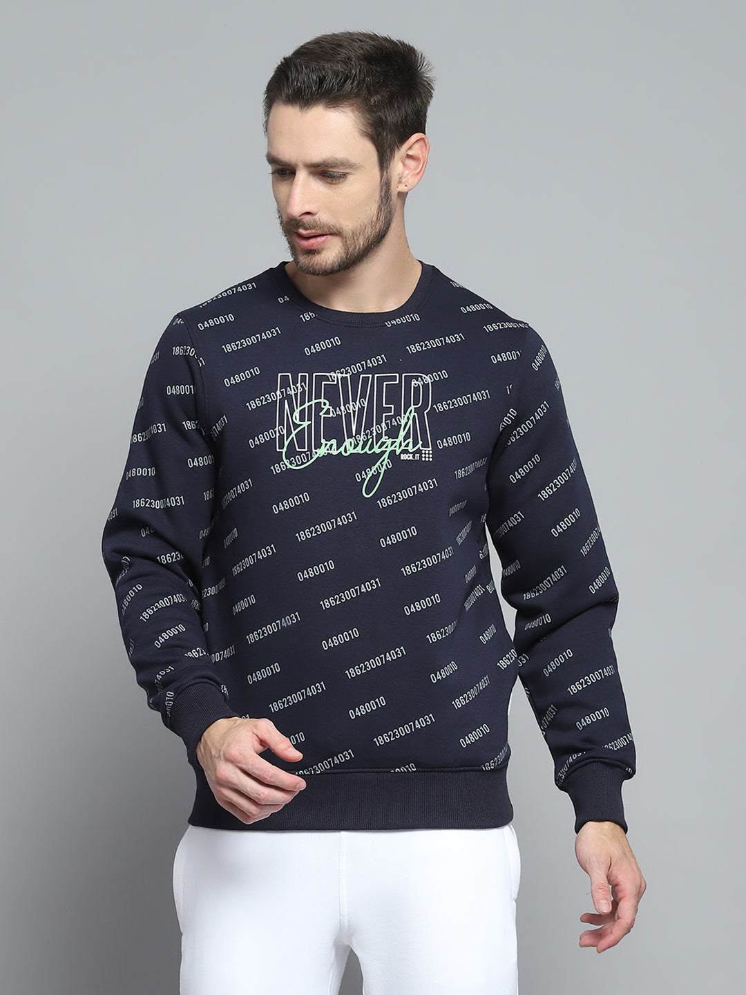 Rock.it Men Navy Blue Printed Round Neck Full Sleeve Sweatshirt