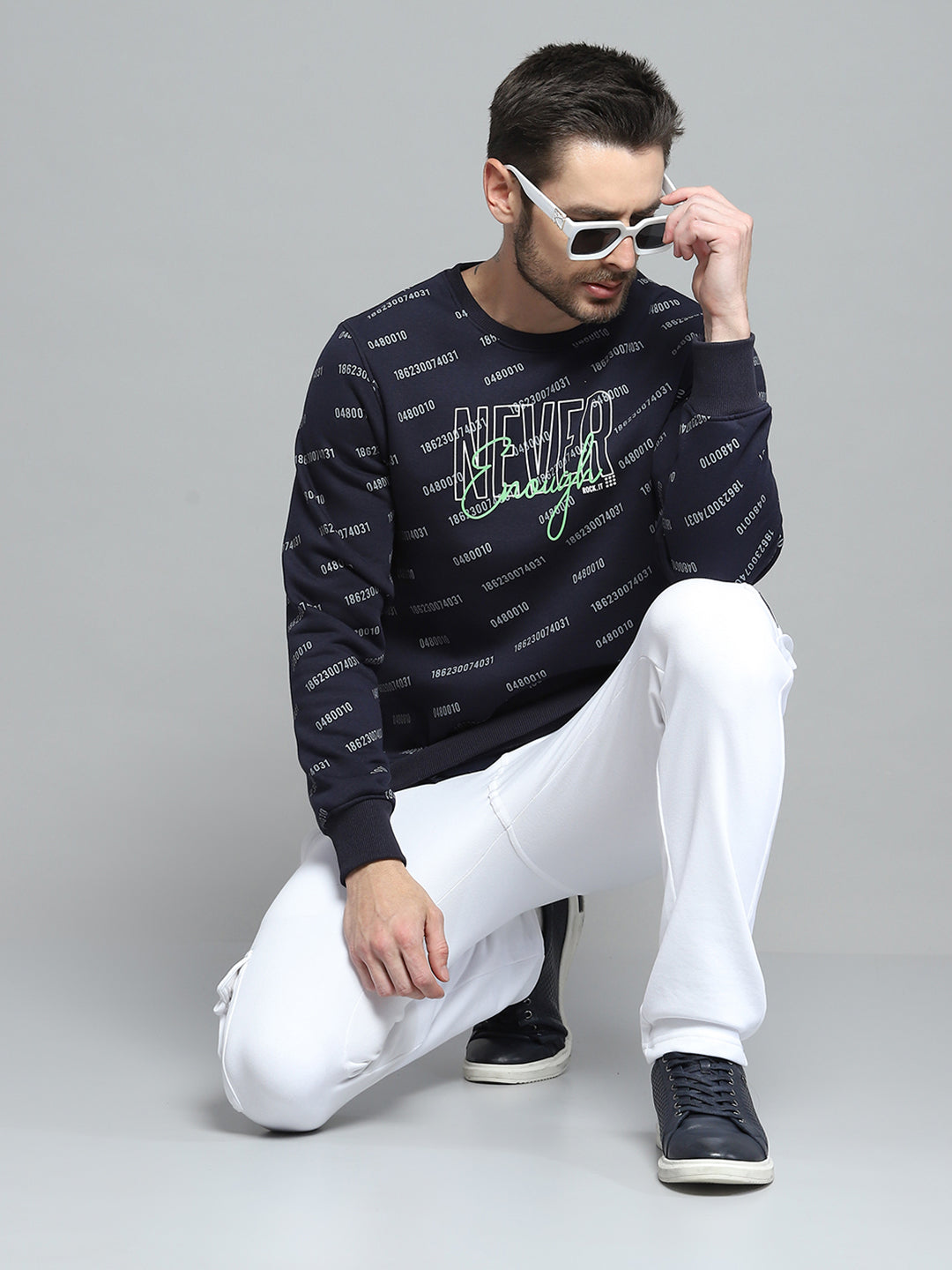 Rock.it Men Navy Blue Printed Round Neck Full Sleeve Sweatshirt