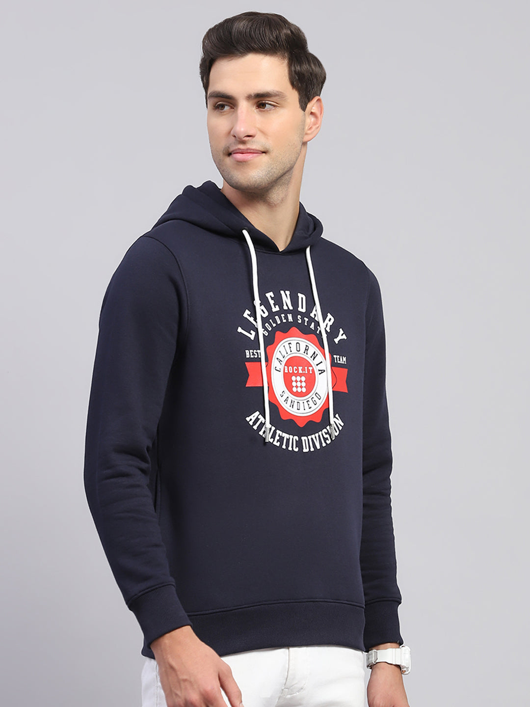 Rock.it Men Navy Blue Printed Hooded Full Sleeve Sweatshirt