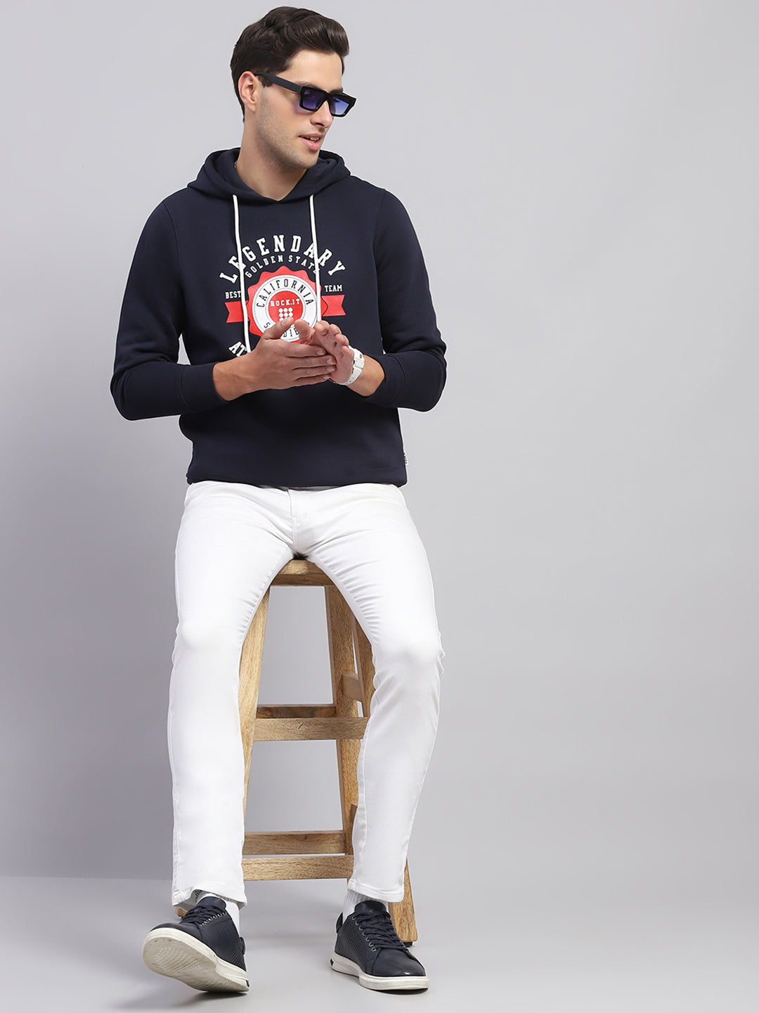Rock.it Men Navy Blue Printed Hooded Full Sleeve Sweatshirt